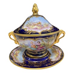 19th Century French Sevres Style Cobalt Porcelain Lidded “Courting” Dish