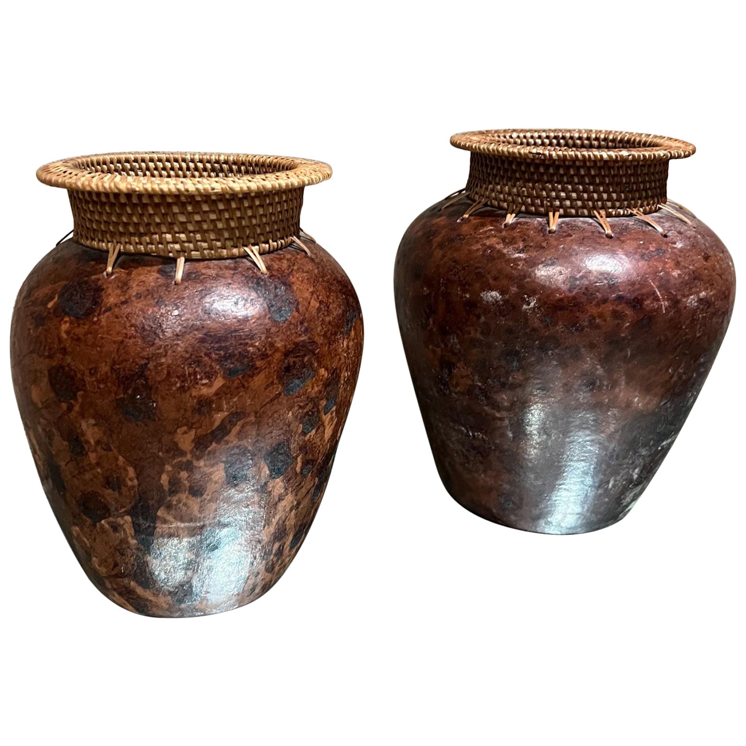 Vintage Modern Pottery Pair Set of Vases Upper Decorative Woven Cane