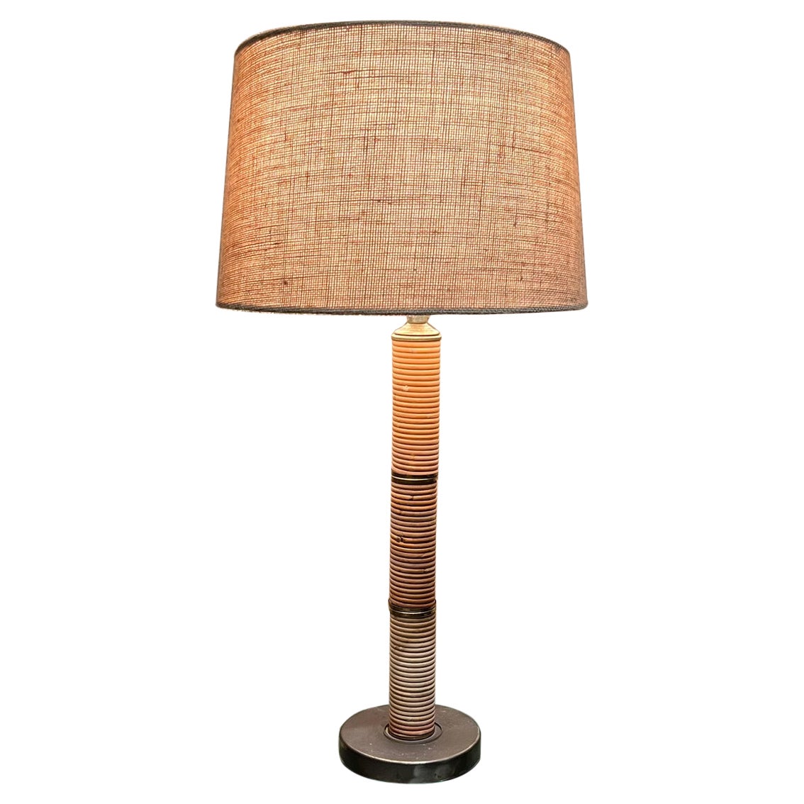 1960s Vintage Modern Wrapped Cane and Brass Plated Table Lamp For Sale