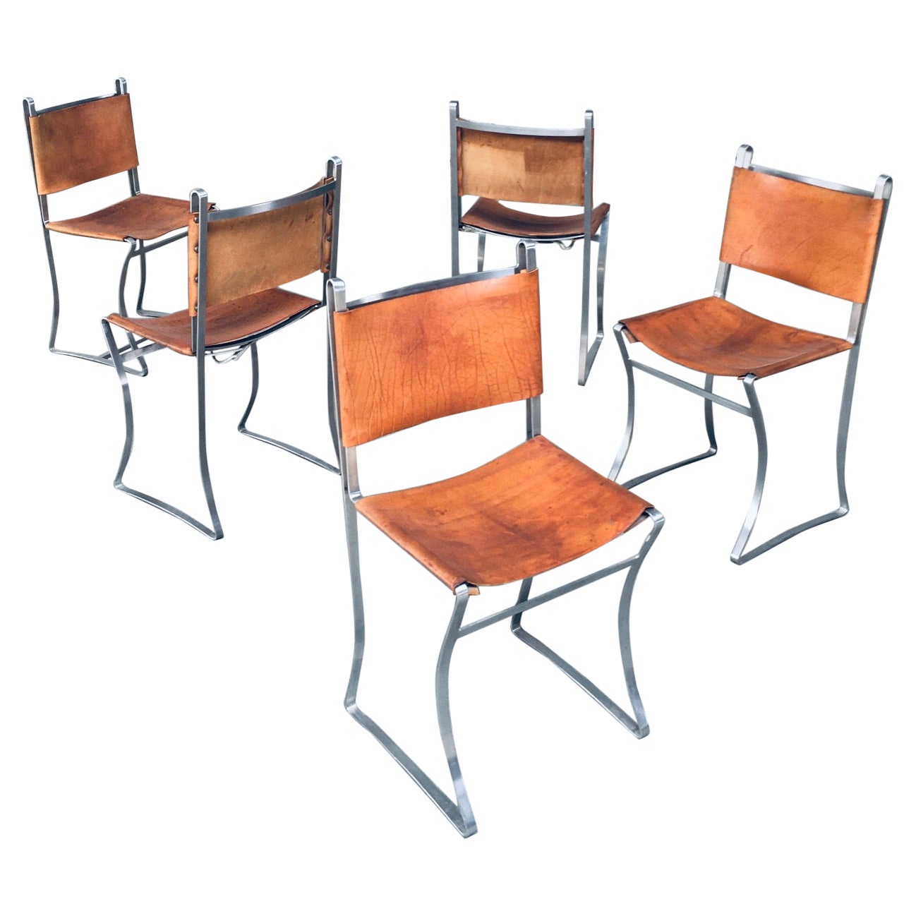 Vintage French Design Leather Dining Chair Set, France, 1970's For Sale
