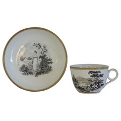 Antique Georgian Newhall Porcelain Duo Tea Cup and Saucer Bat Printed Ptn, circa 1805