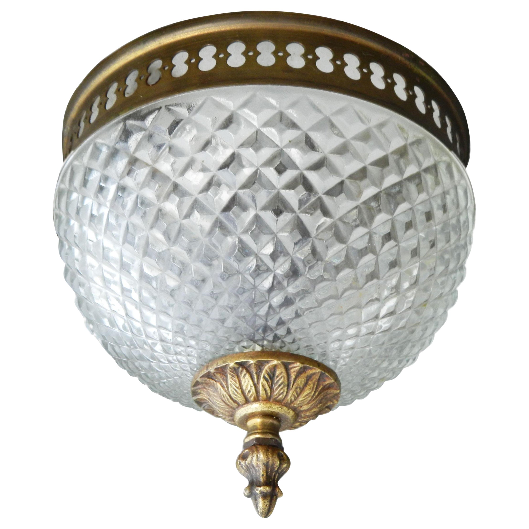 Mid Century Flush Mount Facetted Glass Brass Ceiling Light Sconce For Sale