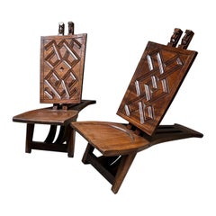 Used 1960s Modern Africa Pair of Low Tribal Chief Chairs in Geometric Wood