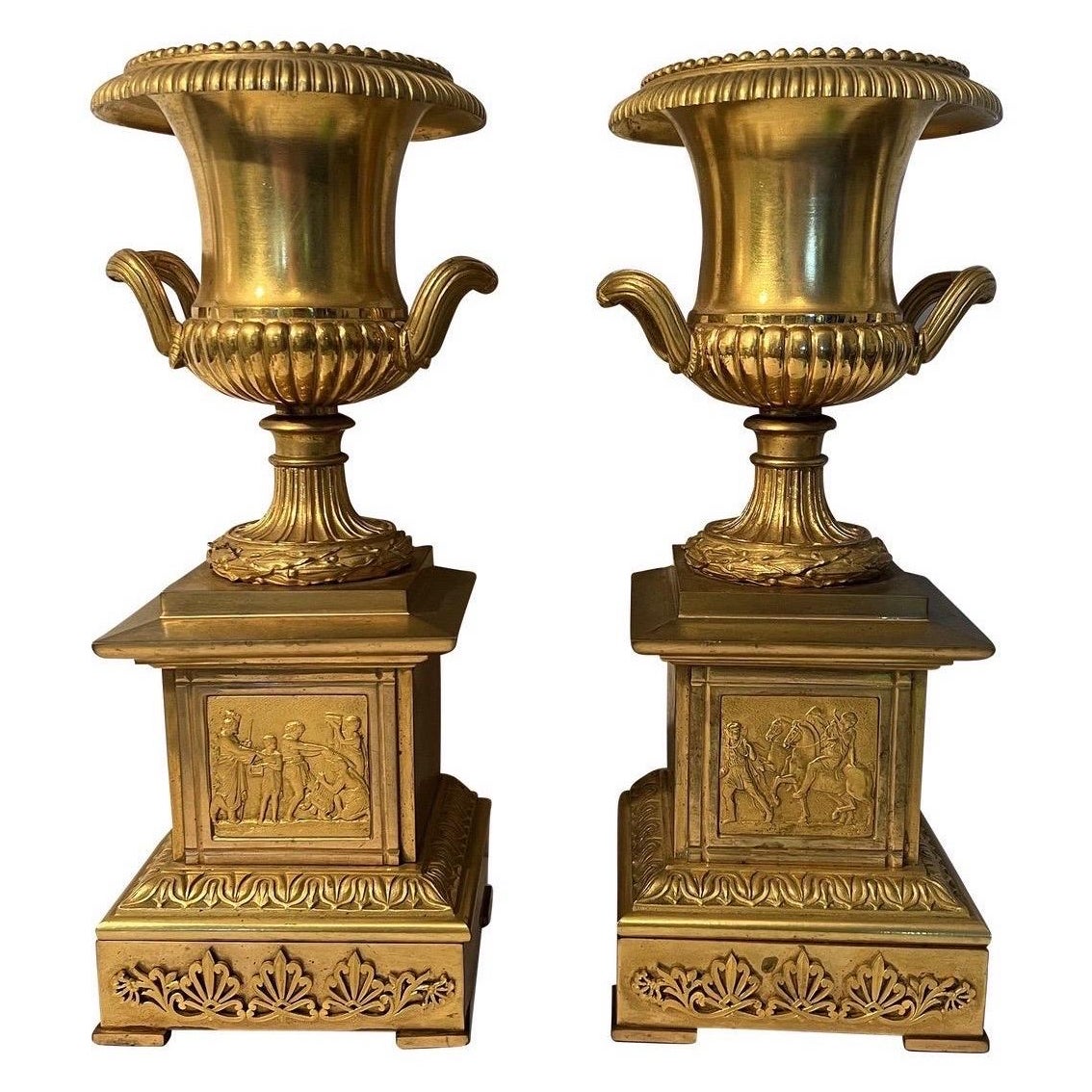 19th Century Neoclassical Gilt Bronze Grand Tour Mounted Urns, a Pair