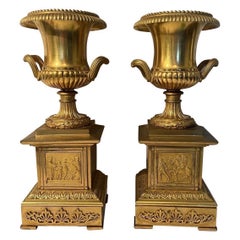 Antique 19th Century Neoclassical Gilt Bronze Grand Tour Mounted Urns, a Pair