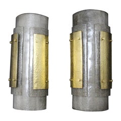 Pair of Large Modern Grey and Gold Murano Glass Wall Lights, Brutalist Sconces