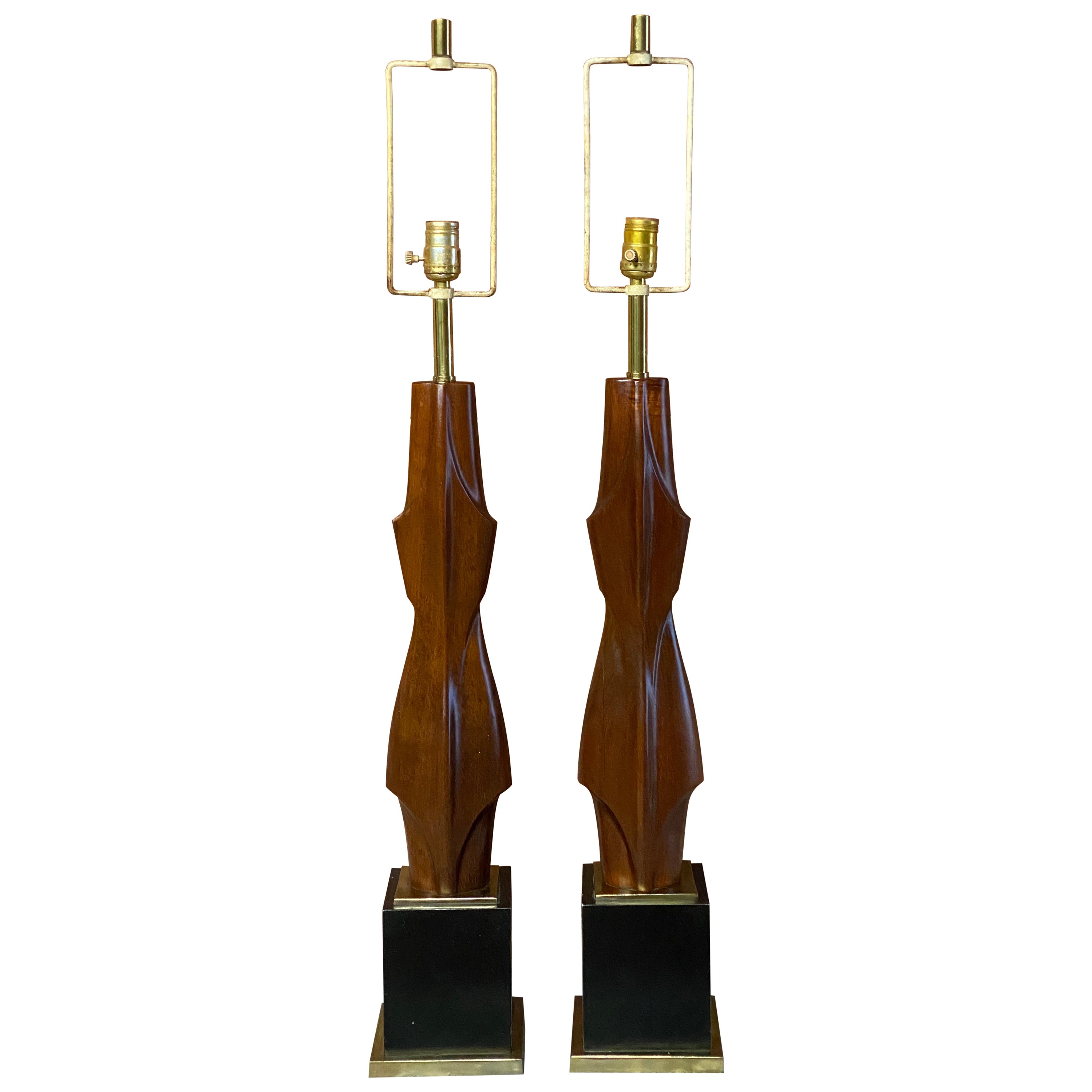 Sculpted Walnut Laurel Table Lamps, a Pair For Sale