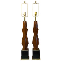 Sculpted Walnut Laurel Table Lamps, a Pair