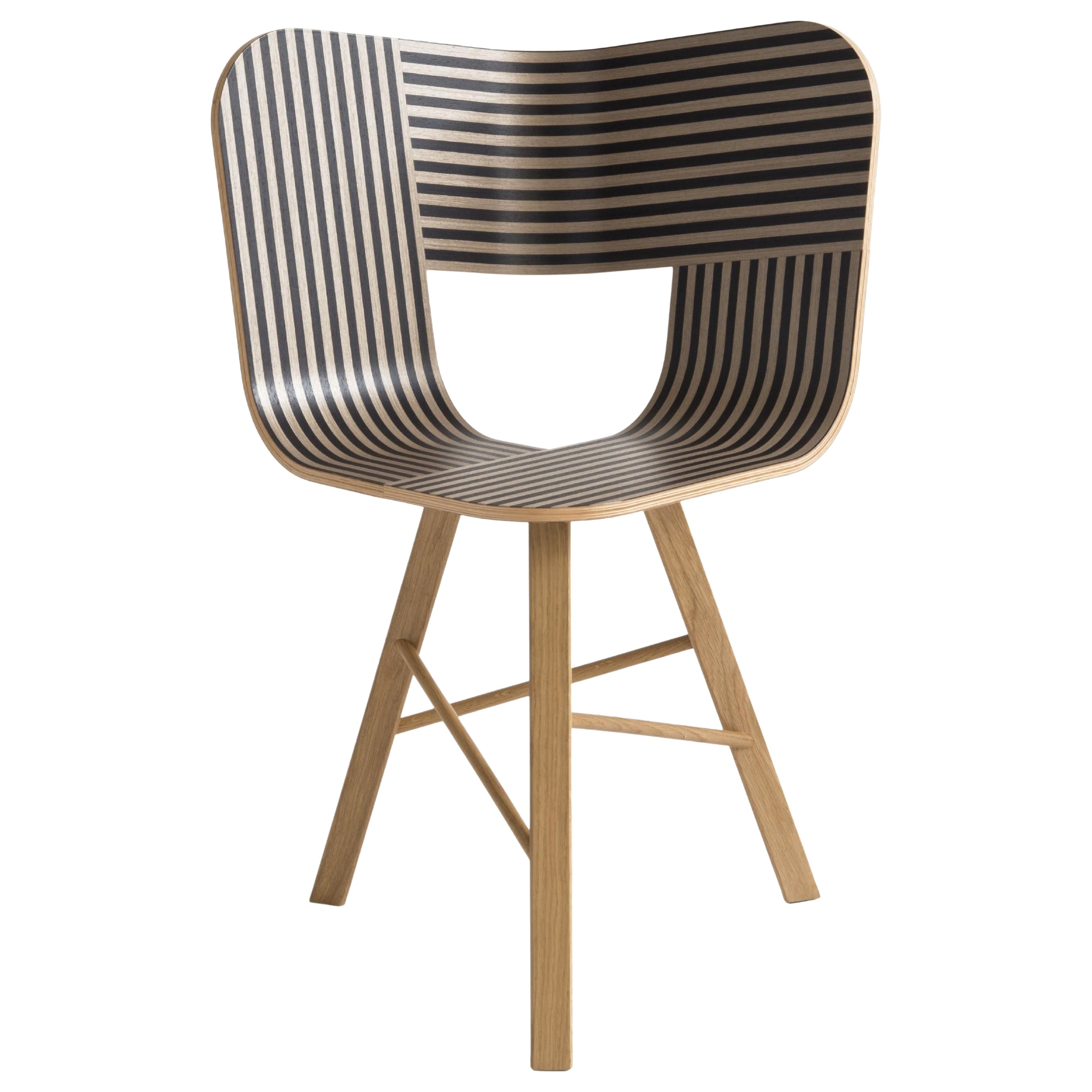 Tria Wood 3 Legs Chair, Striped Seat Ivory and Black by Colé Italia
