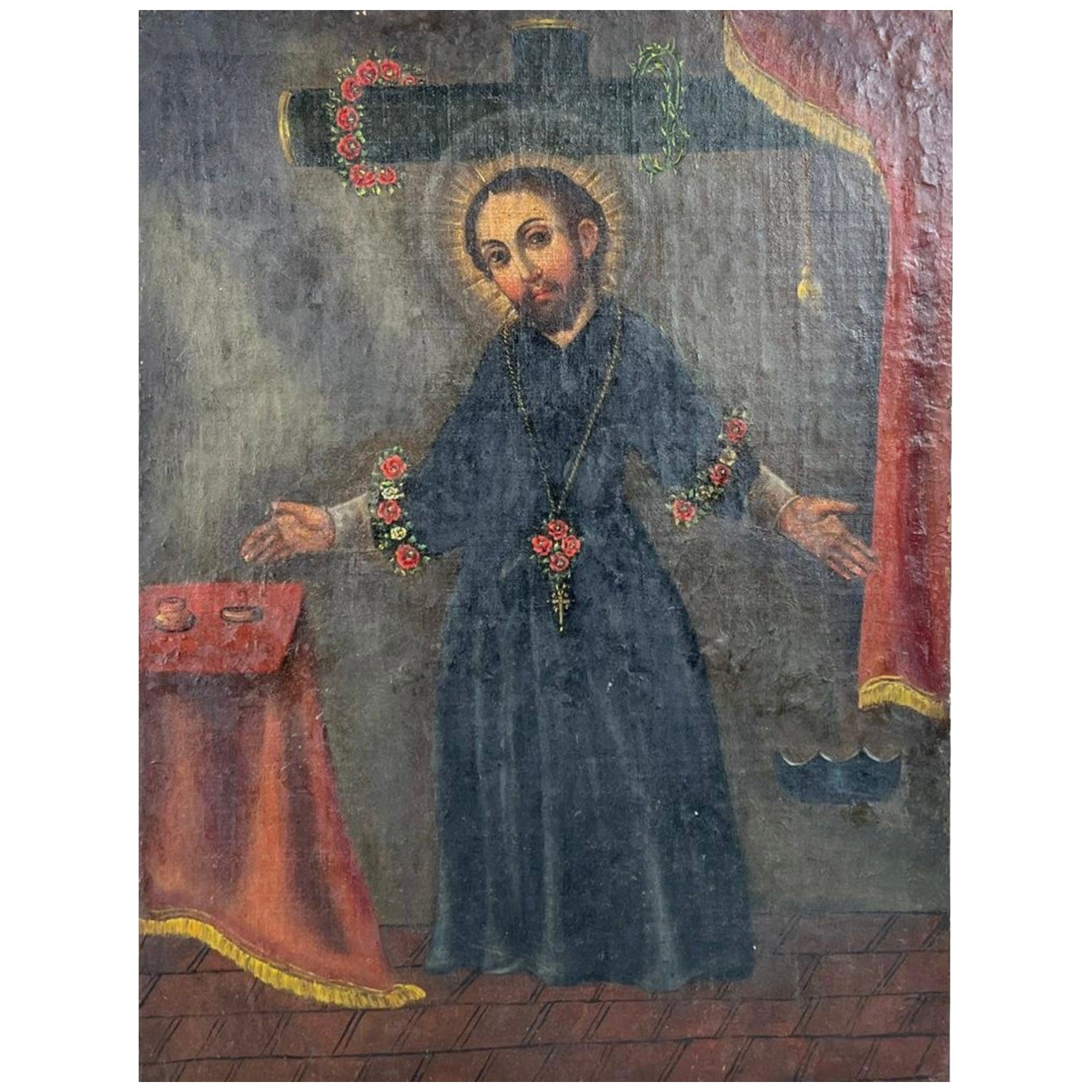 Antique Spanish Colonial Oil On Canvas Painting For Sale