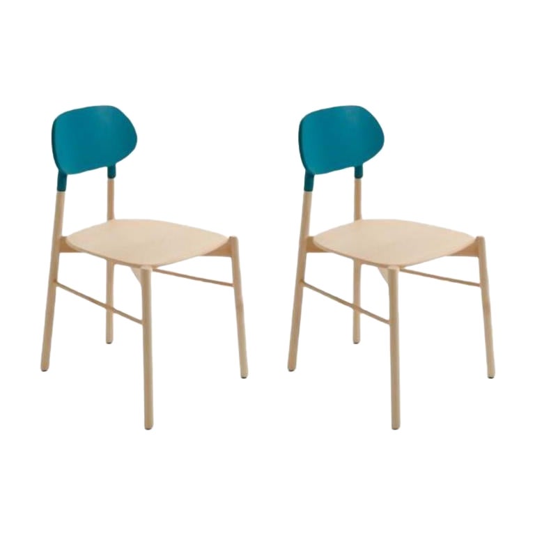 Set of 2, Bokken Chair, Natural Beech, Turquoise by Colé Italia For Sale