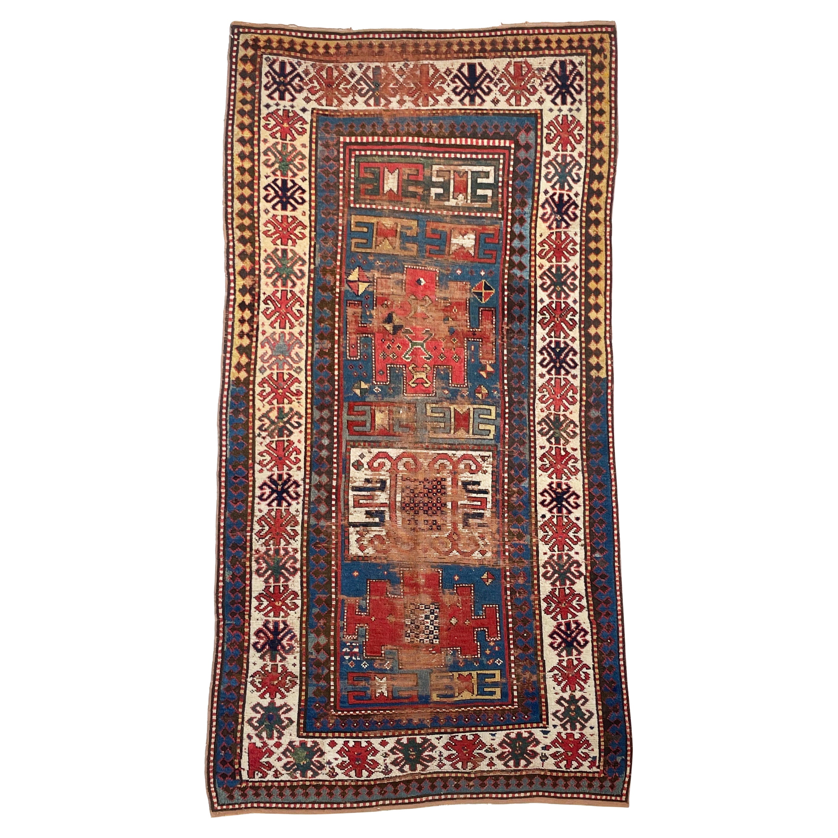 Antique Kazak Rug with Iconic Fence of Protection Perimeter, c. 1920-30's For Sale