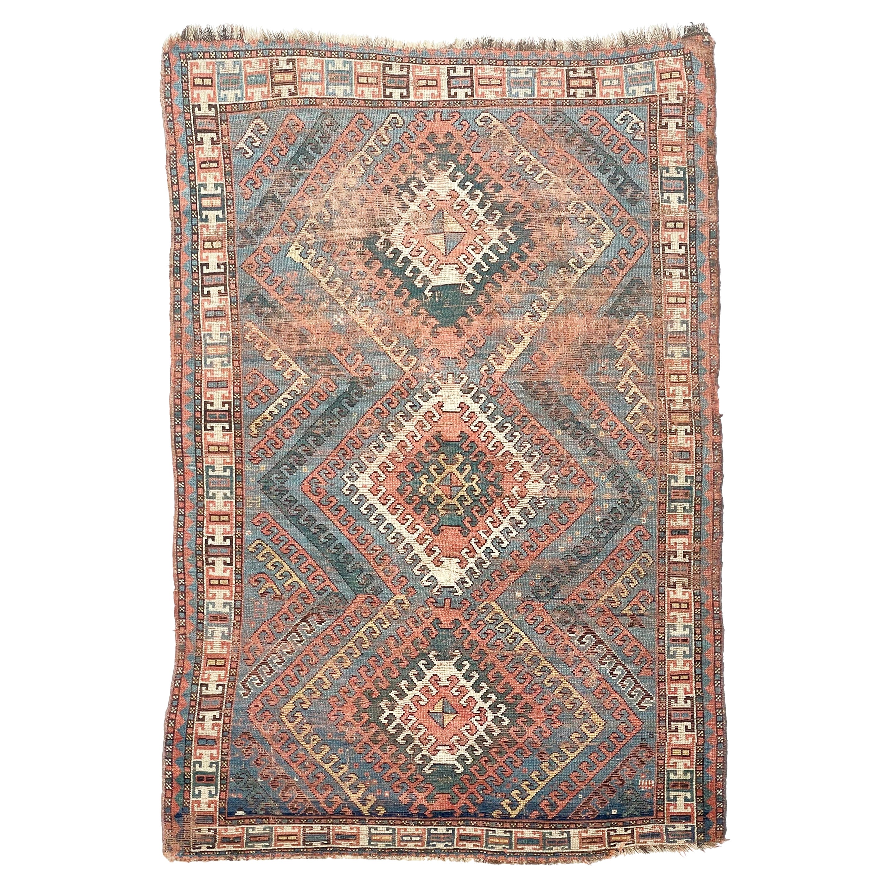 Antique Caucasian Rug with Ram Horn Outlined Diamonds, c.1910-20's