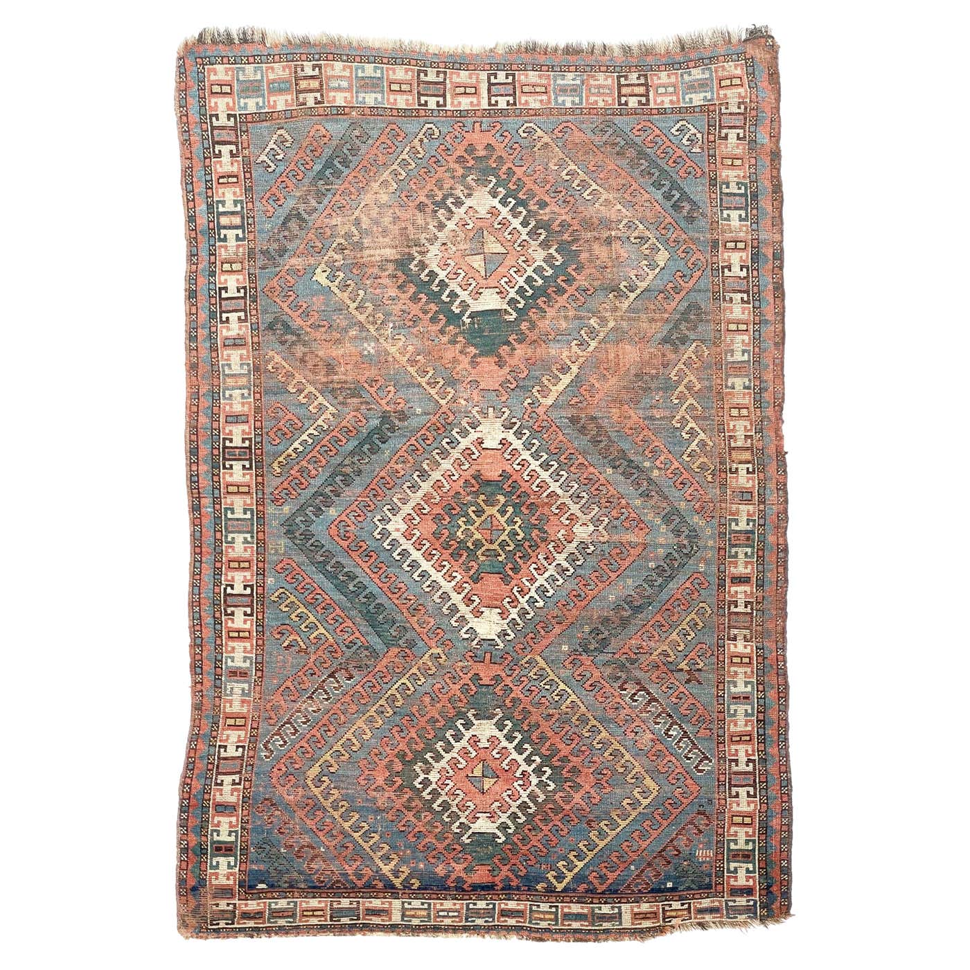 Antique Caucasian Rug with Ram Horn Outlined Diamonds, c.1910-20's For ...