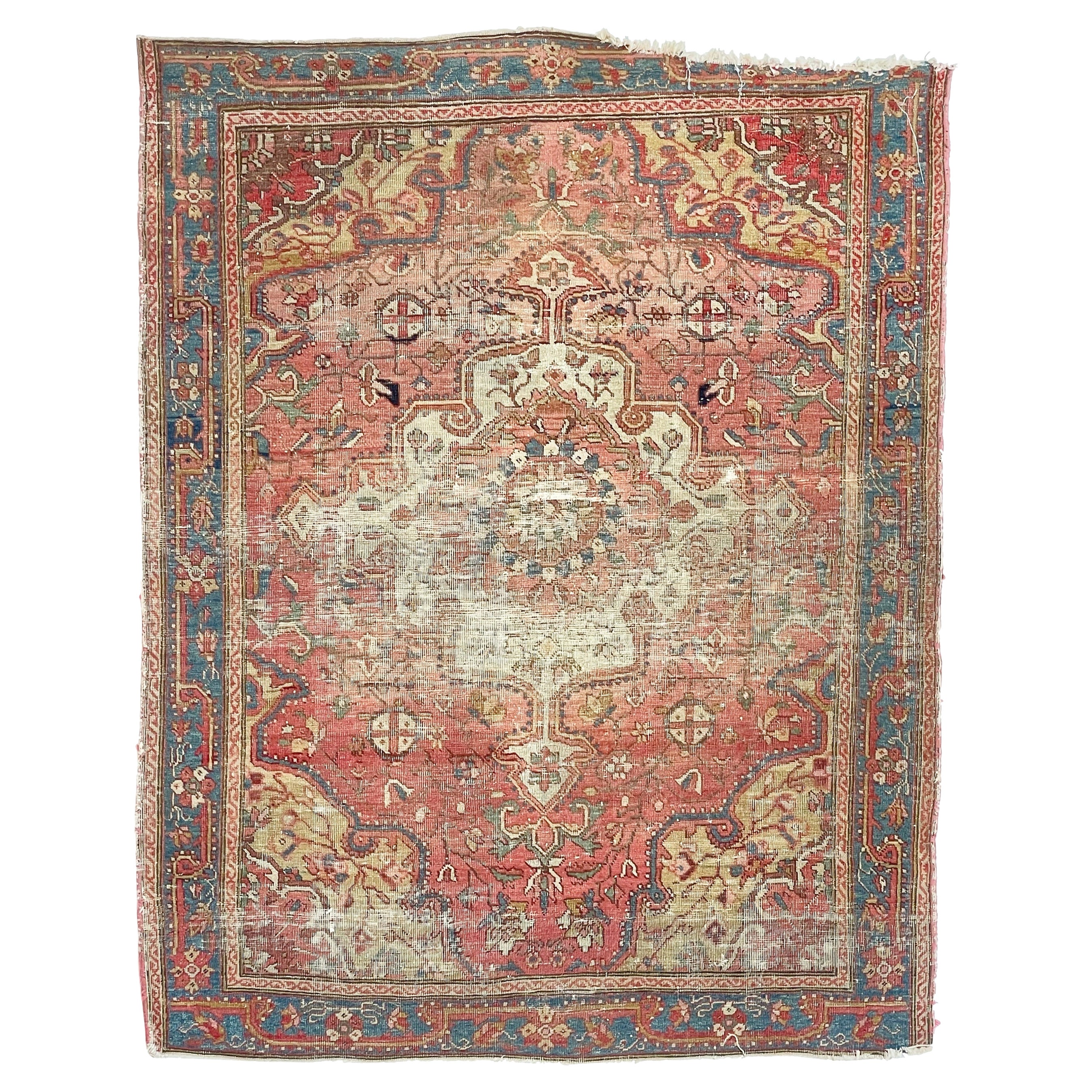 Antique Rug Squarish Size with Camel Corners, c.1910 For Sale