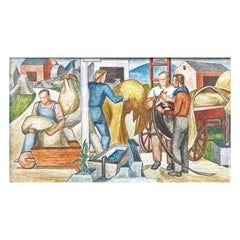 "Livestock Farm Scene, " WPA Mural Study with Farmhands Handling Hay and Feed