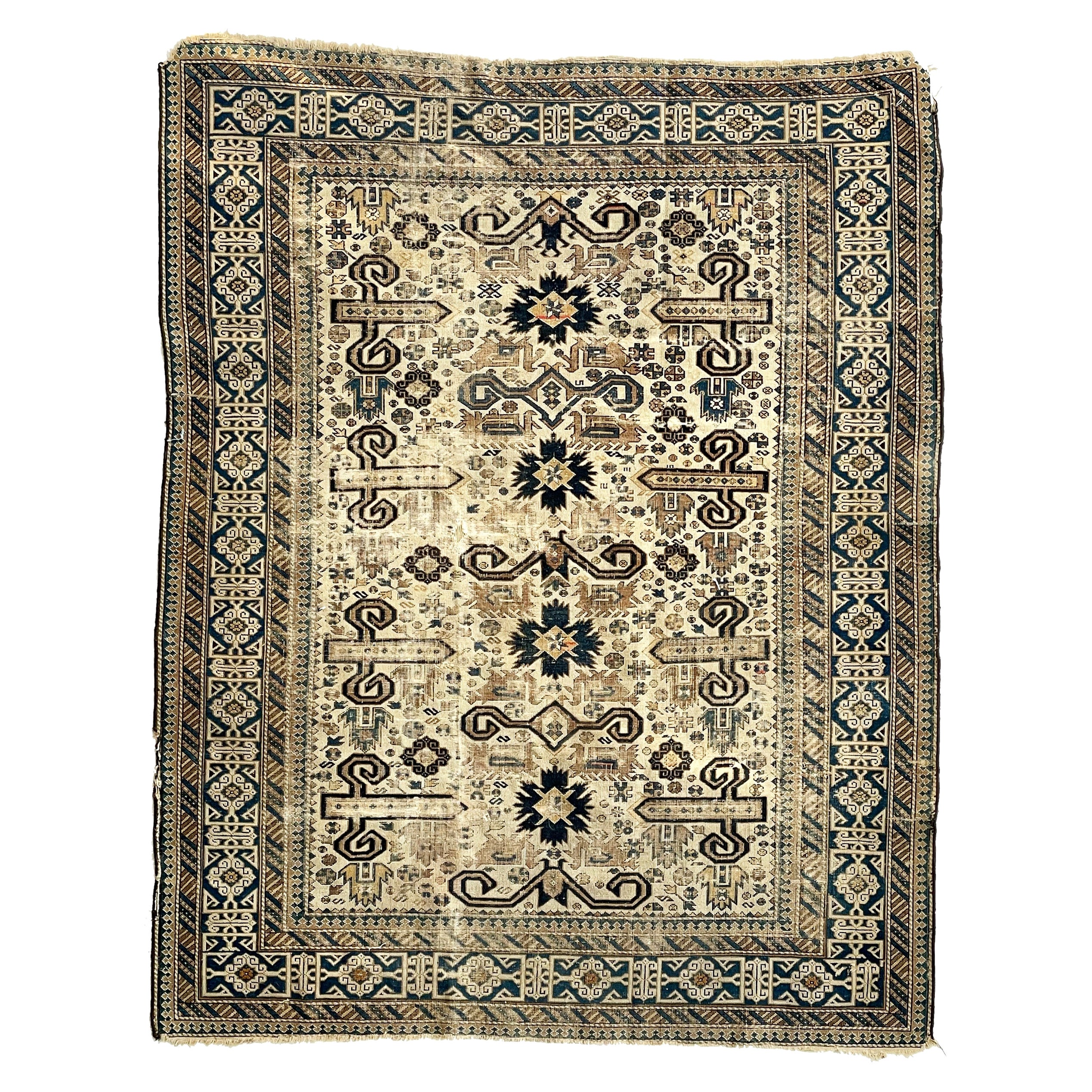 Antique Caucasian Prepidil Rug with Stylized Ram Horns in Beige & Navy For Sale
