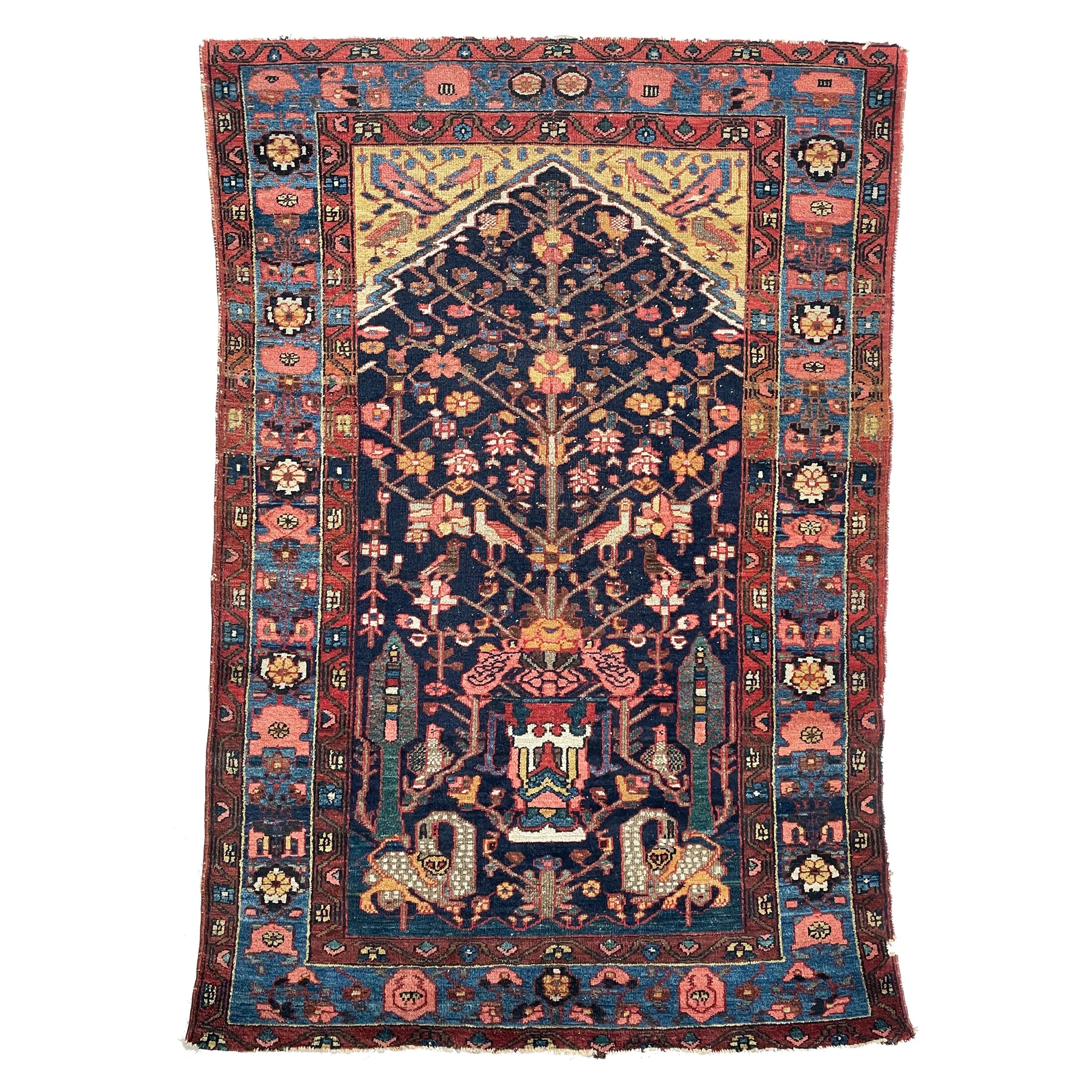 Antique Colorful and Story-Filled Tree of Life Rug with Hunting Scene For Sale