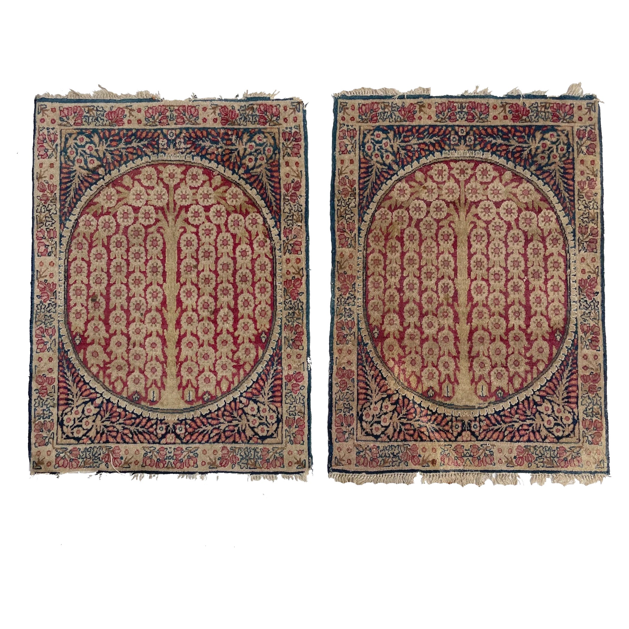 Pair of Sister Weeping Willow Tree of Life Antique Kerman Lavar Rug Mats For Sale