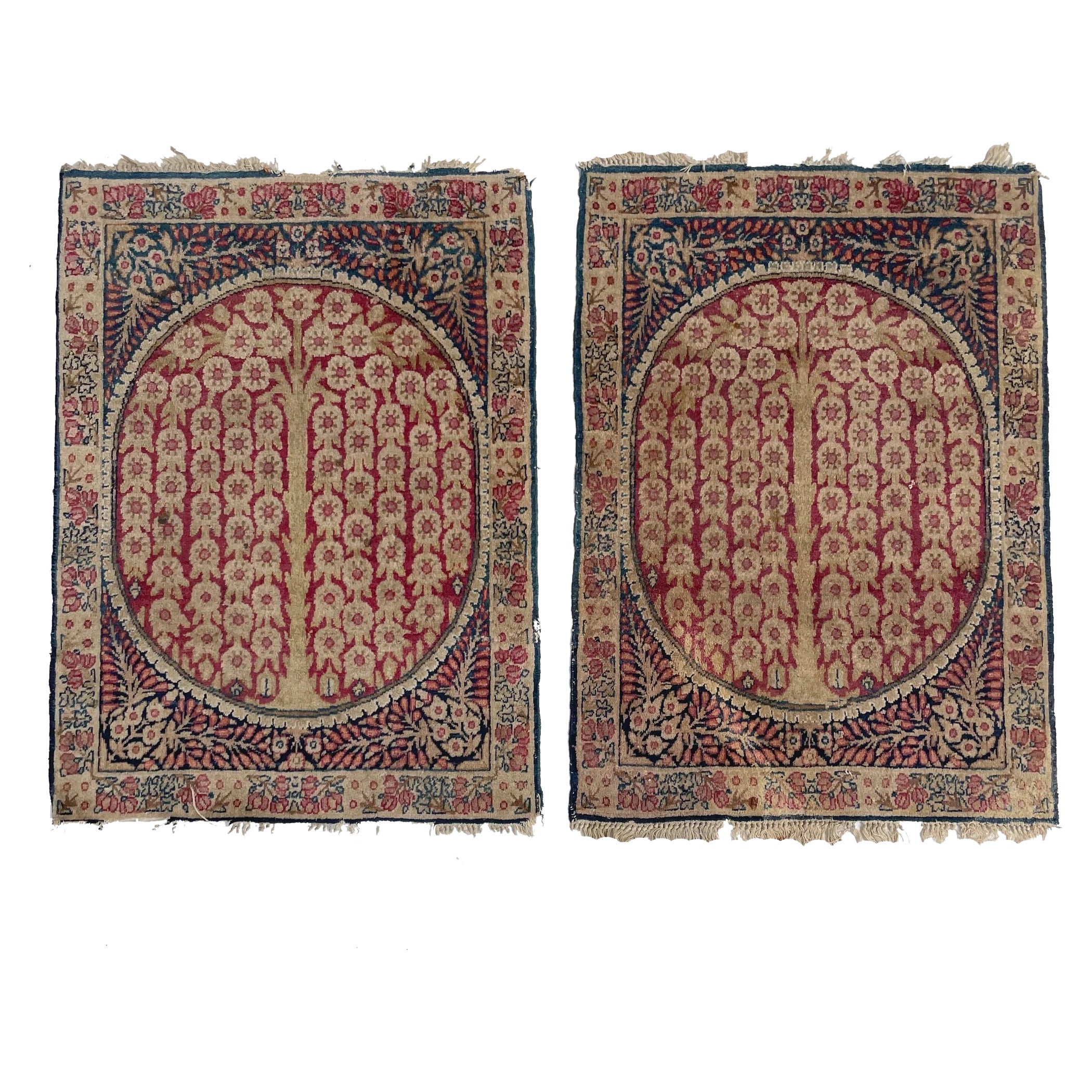 Pair of Sister Weeping Willow Tree of Life Antique Kerman Lavar Rug Mats