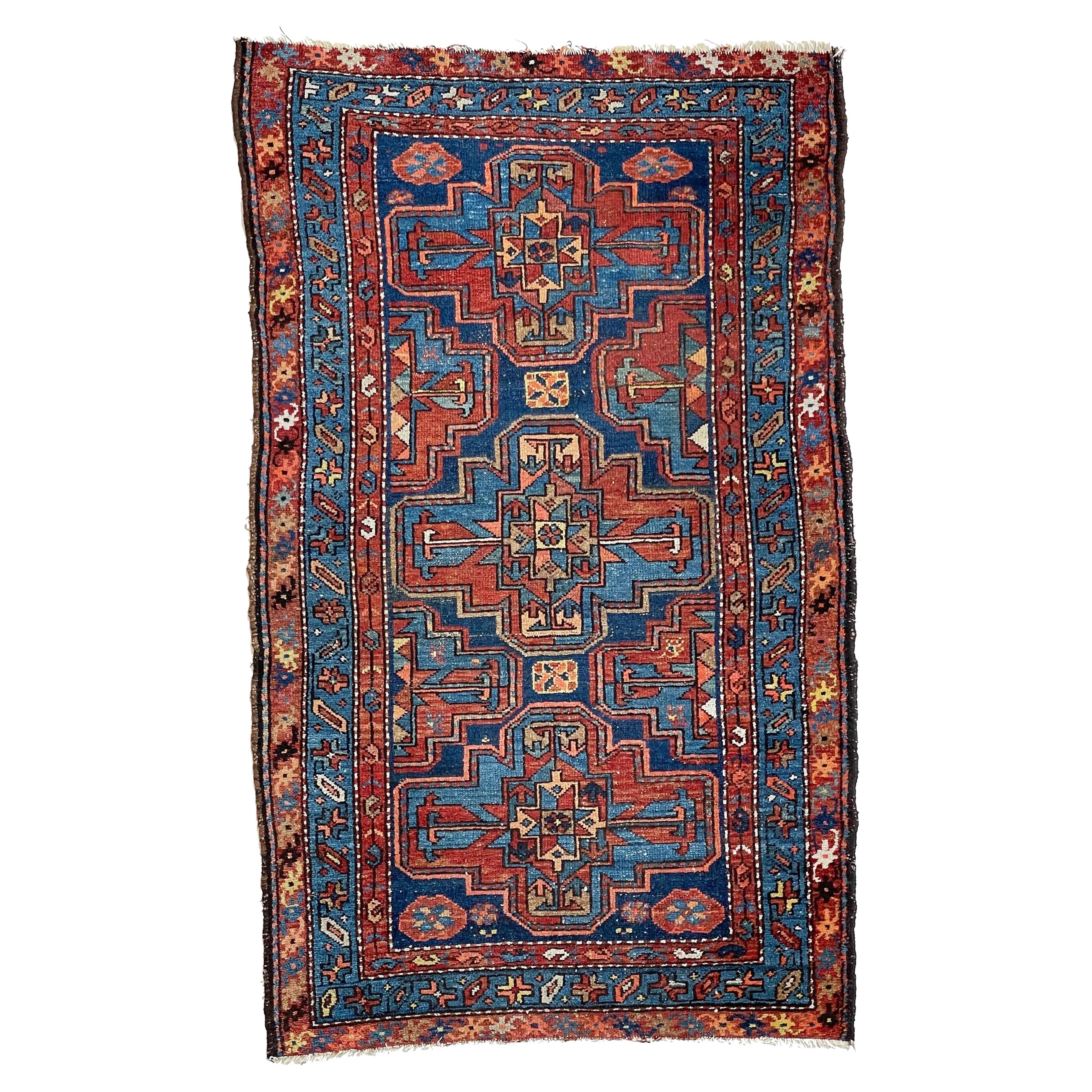 Beautiful Antique Navy and Rust Elephant Track Inspired Rug, c.1930's