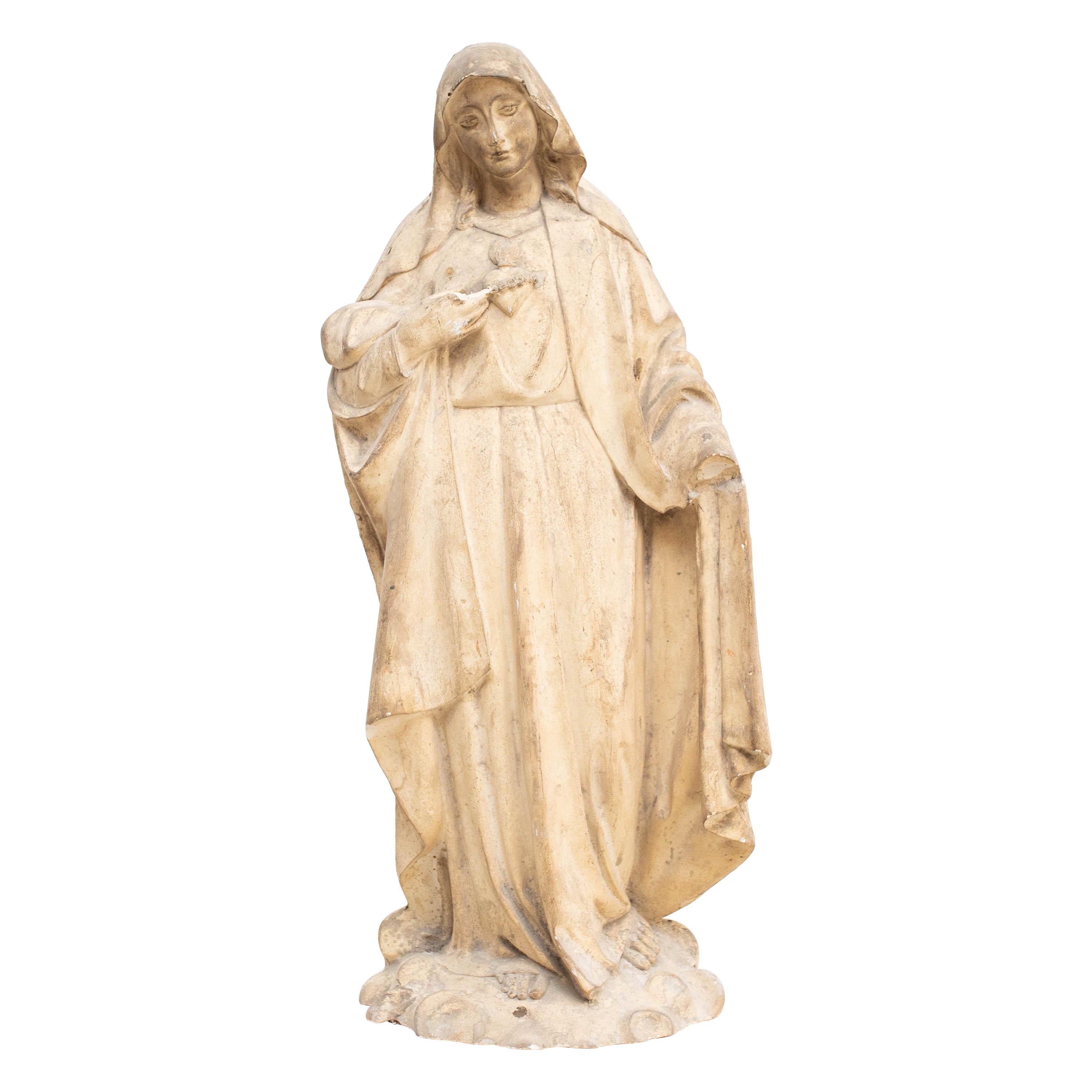 Grande Vierge en plâtre, figure sculpturale traditionnelle, vers 1930