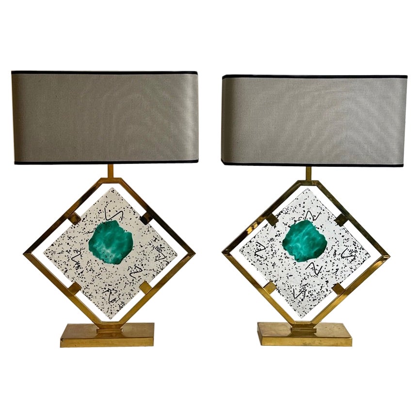 Late 20th Century Pair of Transparent/Green Murano Art Glass & Brass Table Lamps For Sale