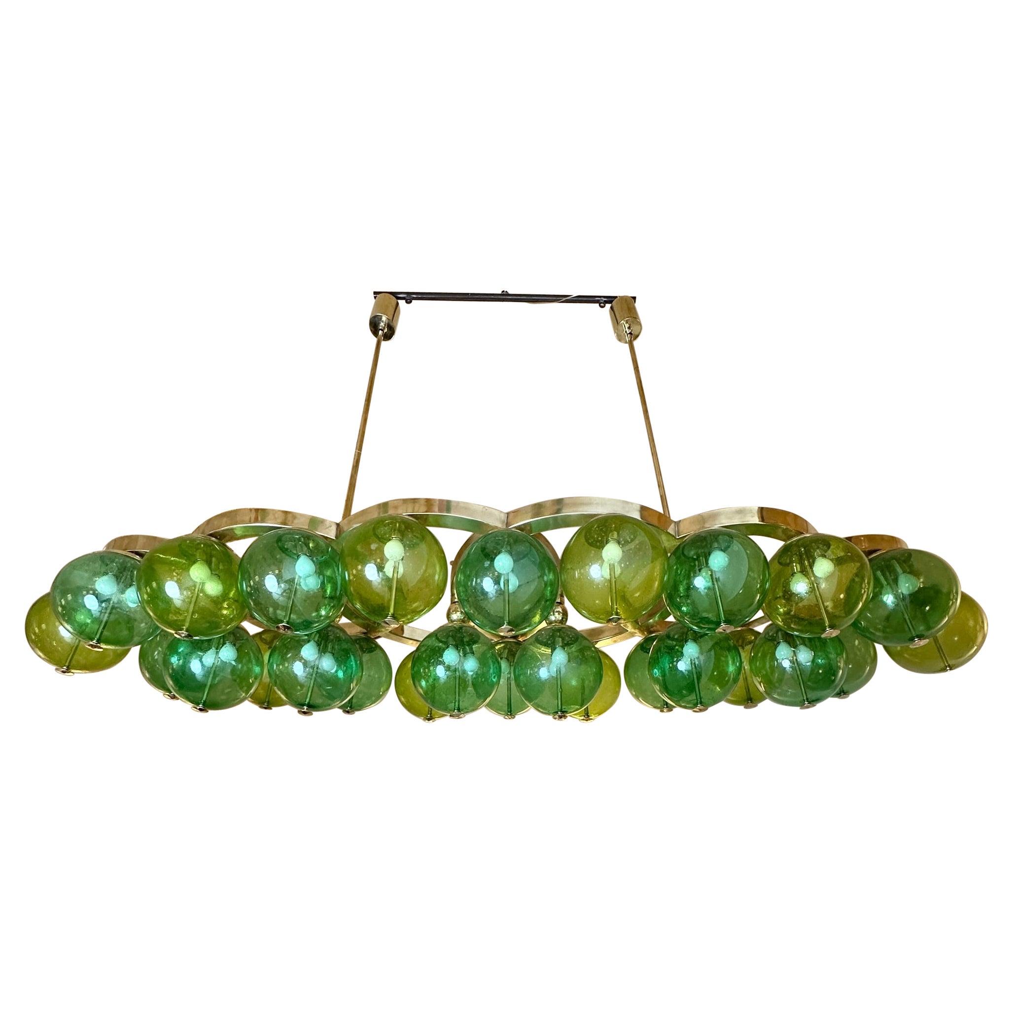 Late 20th Century Brass W/ Green Pulegoso Murano Art Glass Boules Chandelier