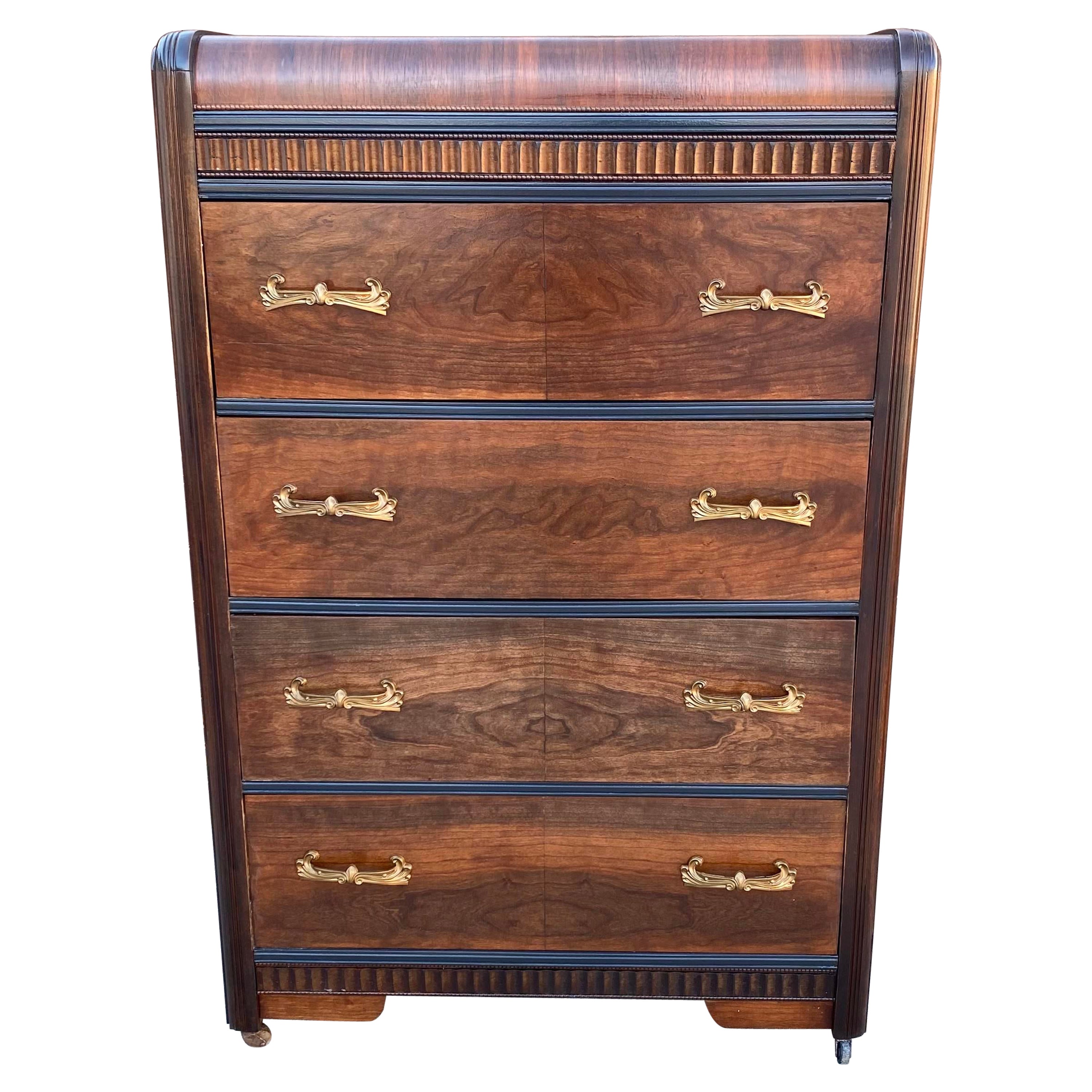 Vintage Art Deco Waterfall Burlwood Retro Dresser For Sale at 1stDibs