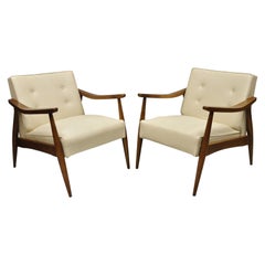 Pair Mid-Century Modern Sculpted Walnut Beige Vinyl Lounge Chairs Les Brown Co