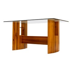 Vintage Architectural Table or Desk in Walnut and Glass, Italy 1970s