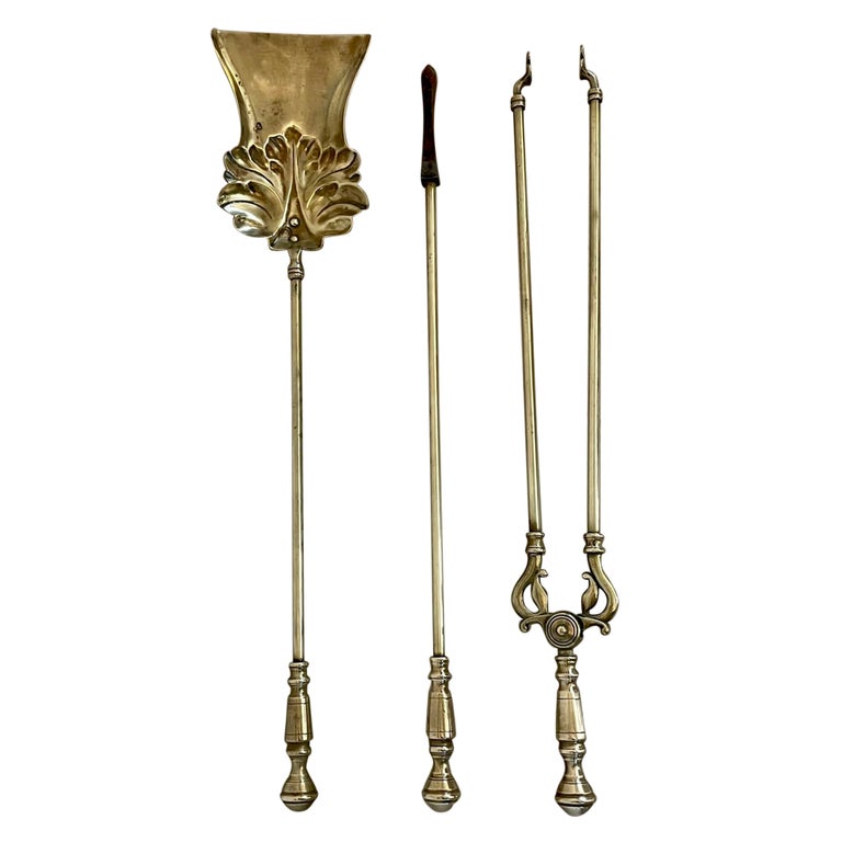 Antique Victorian Quality Brass Set of 3 Fire Irons For Sale at 1stDibs
