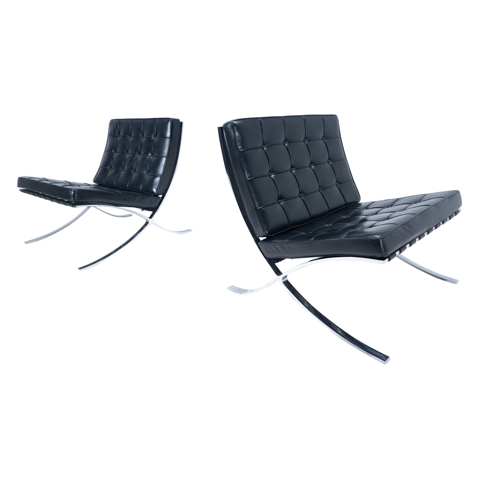Pair of Black Leather Barcelona Chairs by Mies Van Der Rohe for Knoll, 1960s For Sale