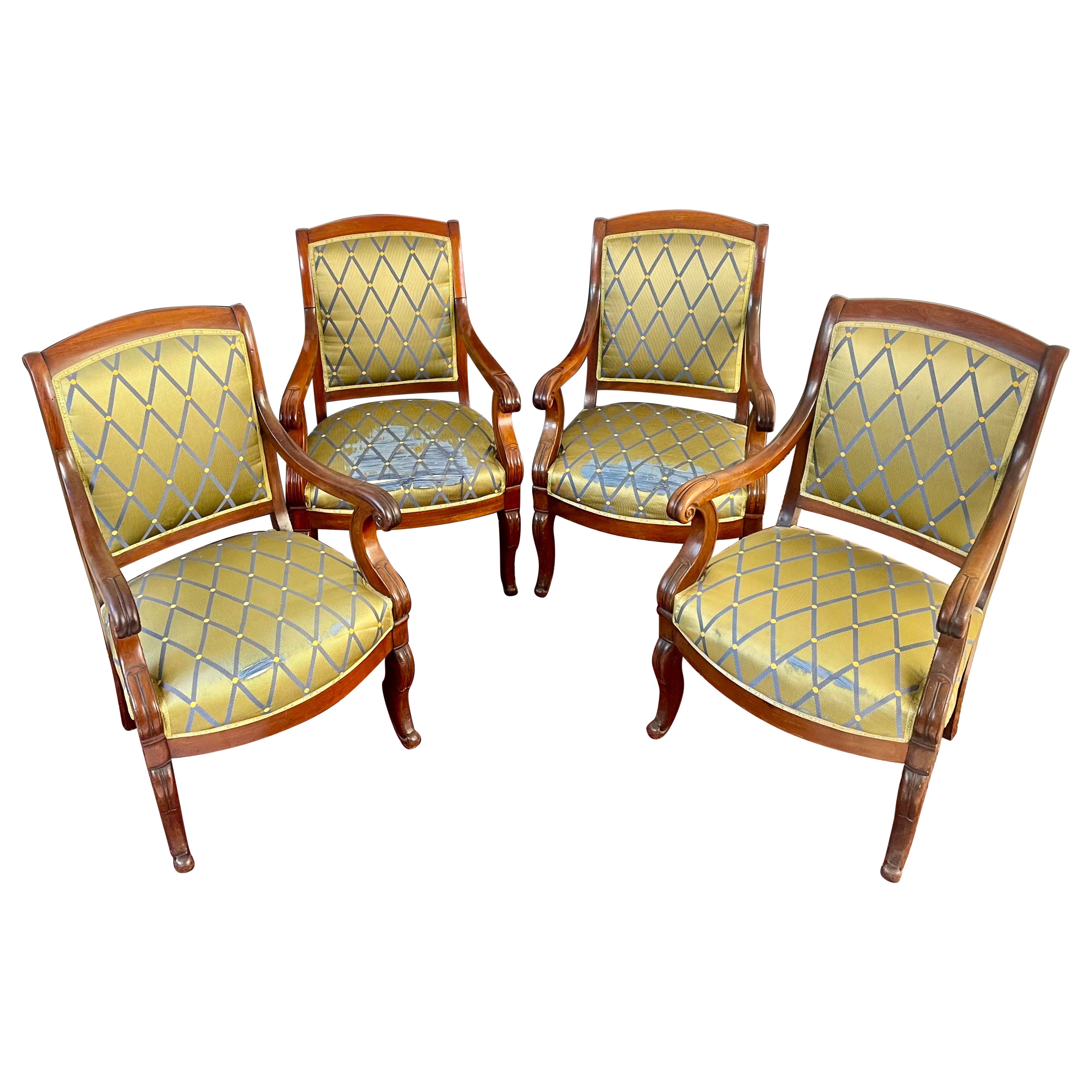 French Set of 4 Mahogany Armchairs, Restoration Period, 19th Century - France For Sale