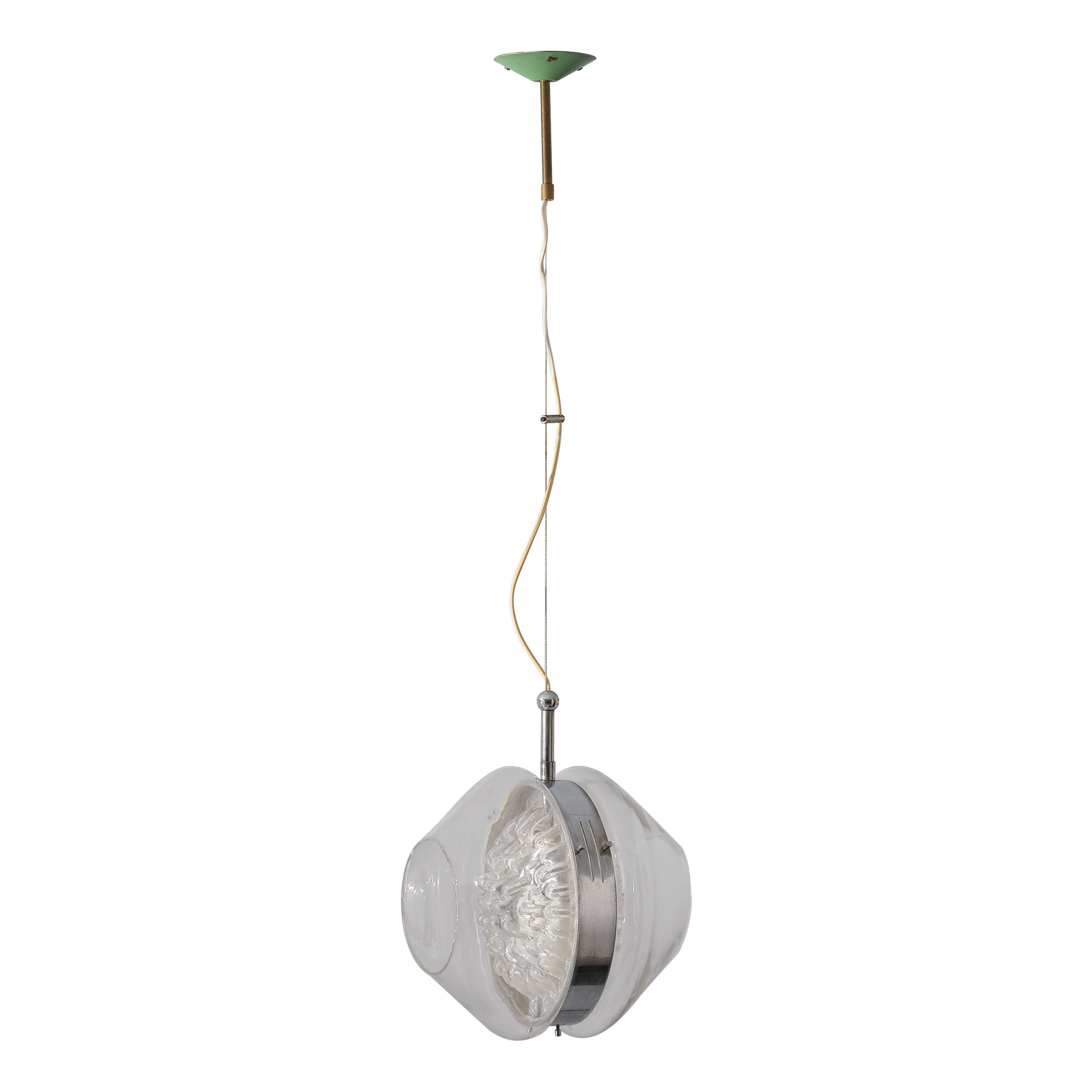 Italian Pendant Lamp, Murano Glass and Brass, Modern Design of the 60s For Sale