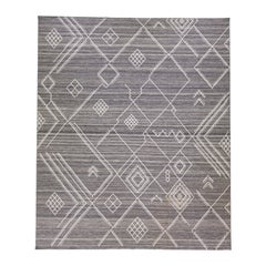 Modern Oversize Flatweave Kilim Wool Rug with White Geometric Motif by Apadana