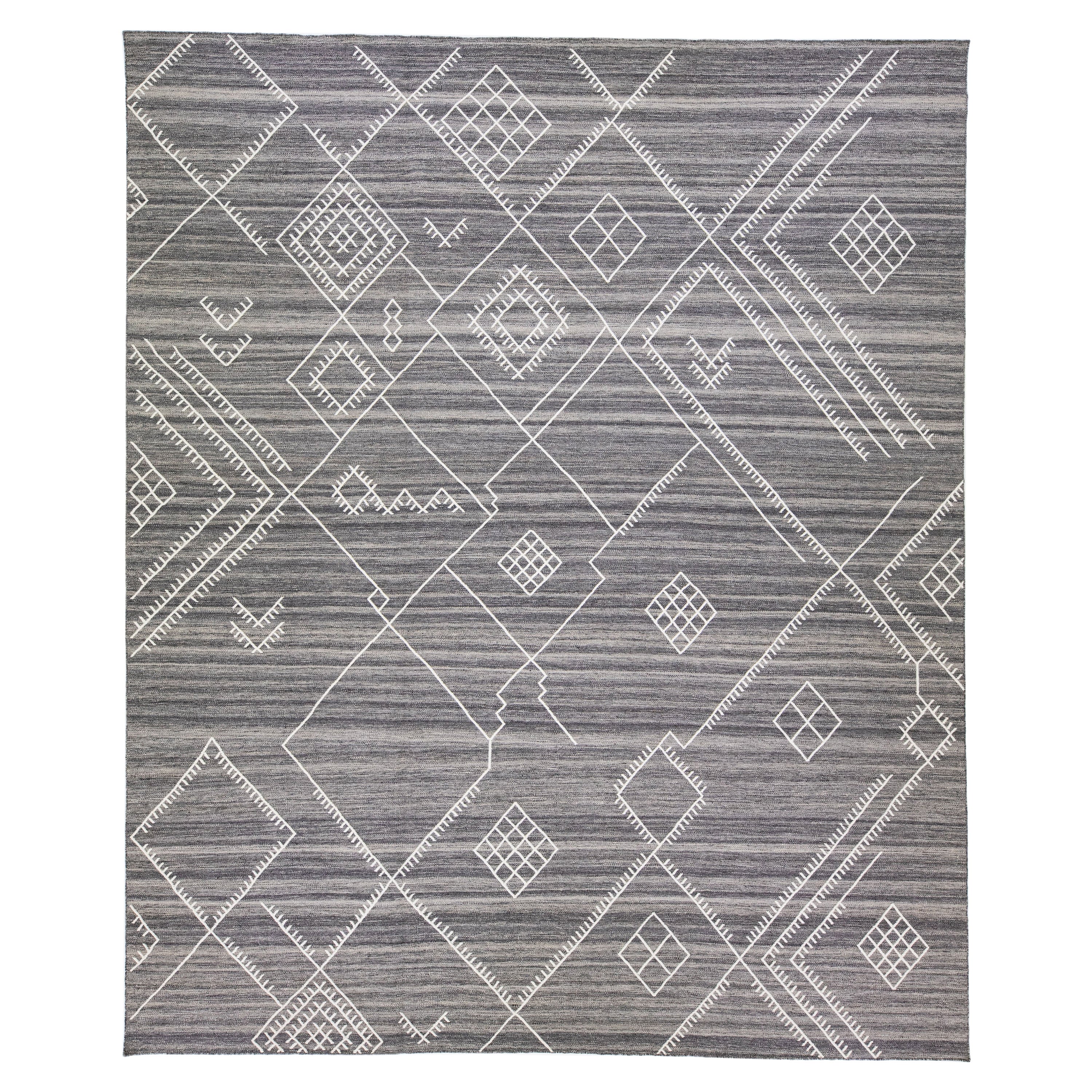 Contemporary Gray Flatweave Kilim Wool Rug With Coastal Design By Apadana For Sale