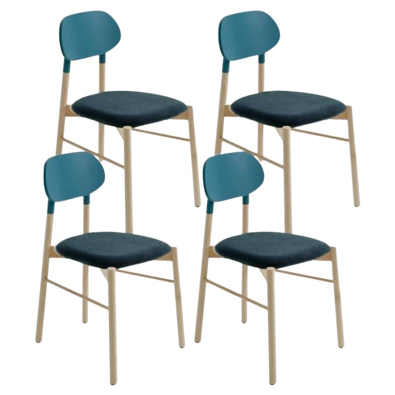 Set of 4, Bokken Upholstered Chair, Beech & Aqua-Marine, Ottanio by Colé Italia For Sale