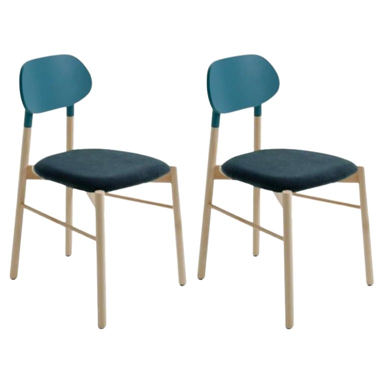 Set of 2, Bokken Upholstered Chair, Beech & Aqua-Marine, Ottanio by Colé Italia For Sale