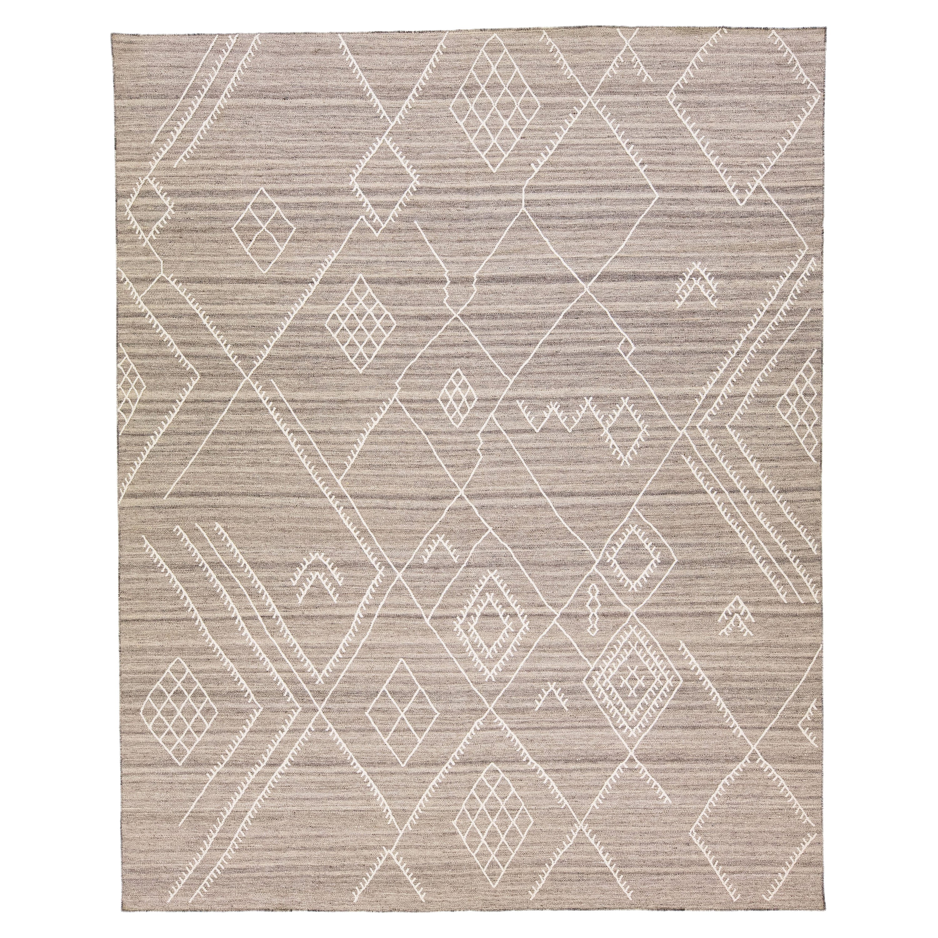 Flatweave Modern Kilim Wool Rug with Taupe Color Field by Apadana For Sale