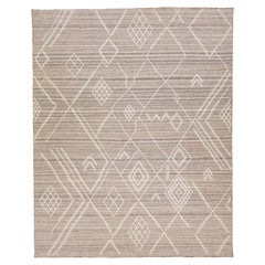 Flatweave Modern Kilim Wool Rug with Taupe Color Field by Apadana