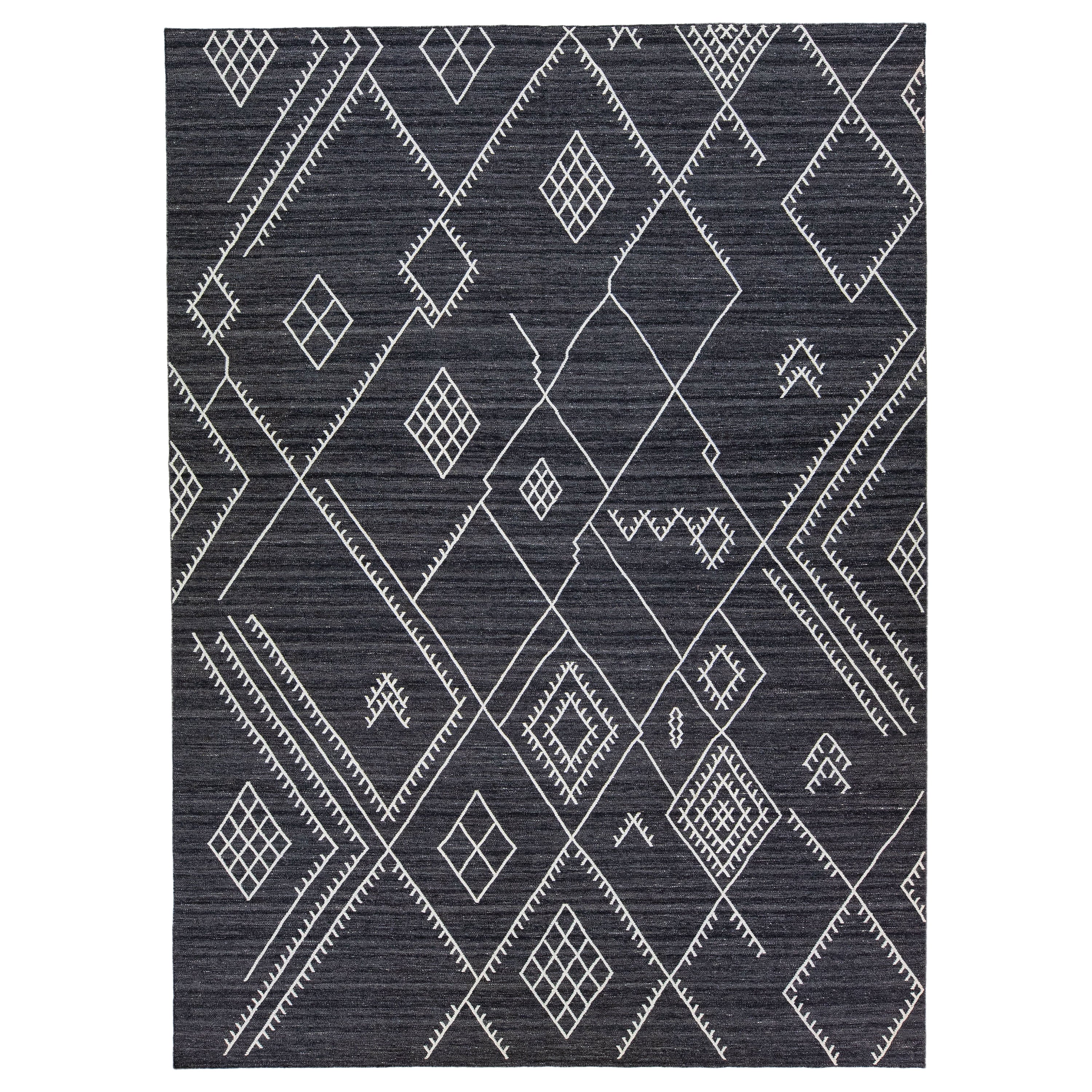 Dark Grey Apadana's Flatweave Kilim Wool Rug with Geometric Motif