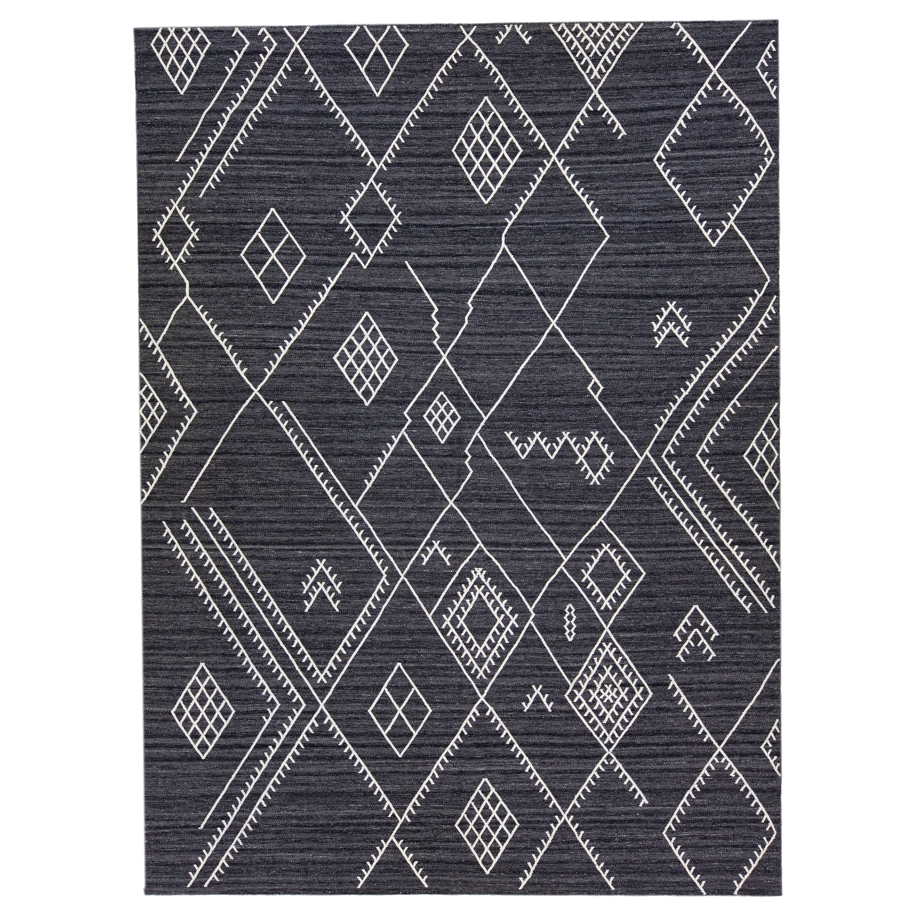 Modern Kilim Grey Flatweave Wool Rug with Geometric Motif by Apaadana