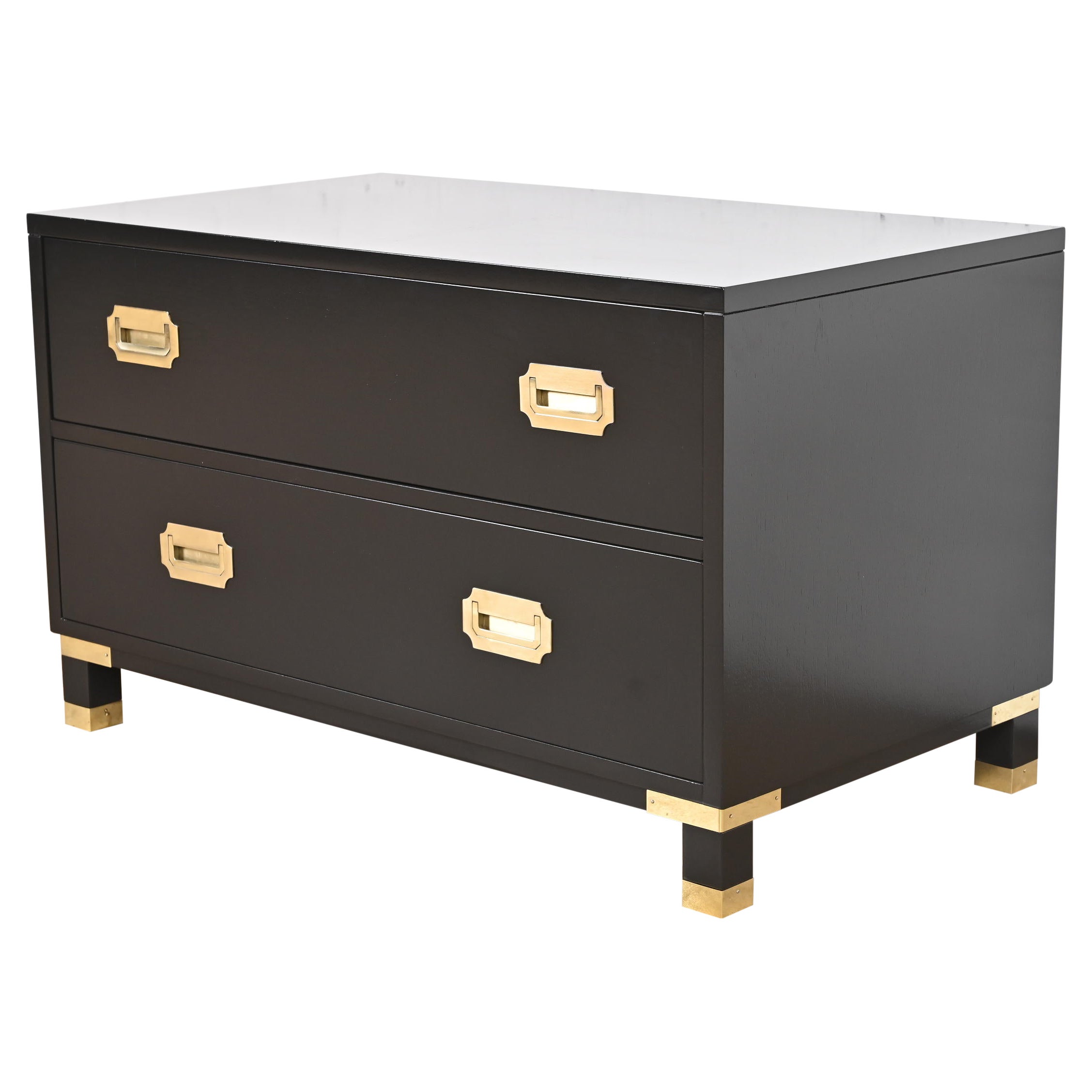 Baker Furniture Hollywood Regency Black Lacquered Campaign Chest of Drawers For Sale