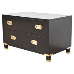 Retro Baker Furniture Hollywood Regency Black Lacquered Campaign Chest of Drawers