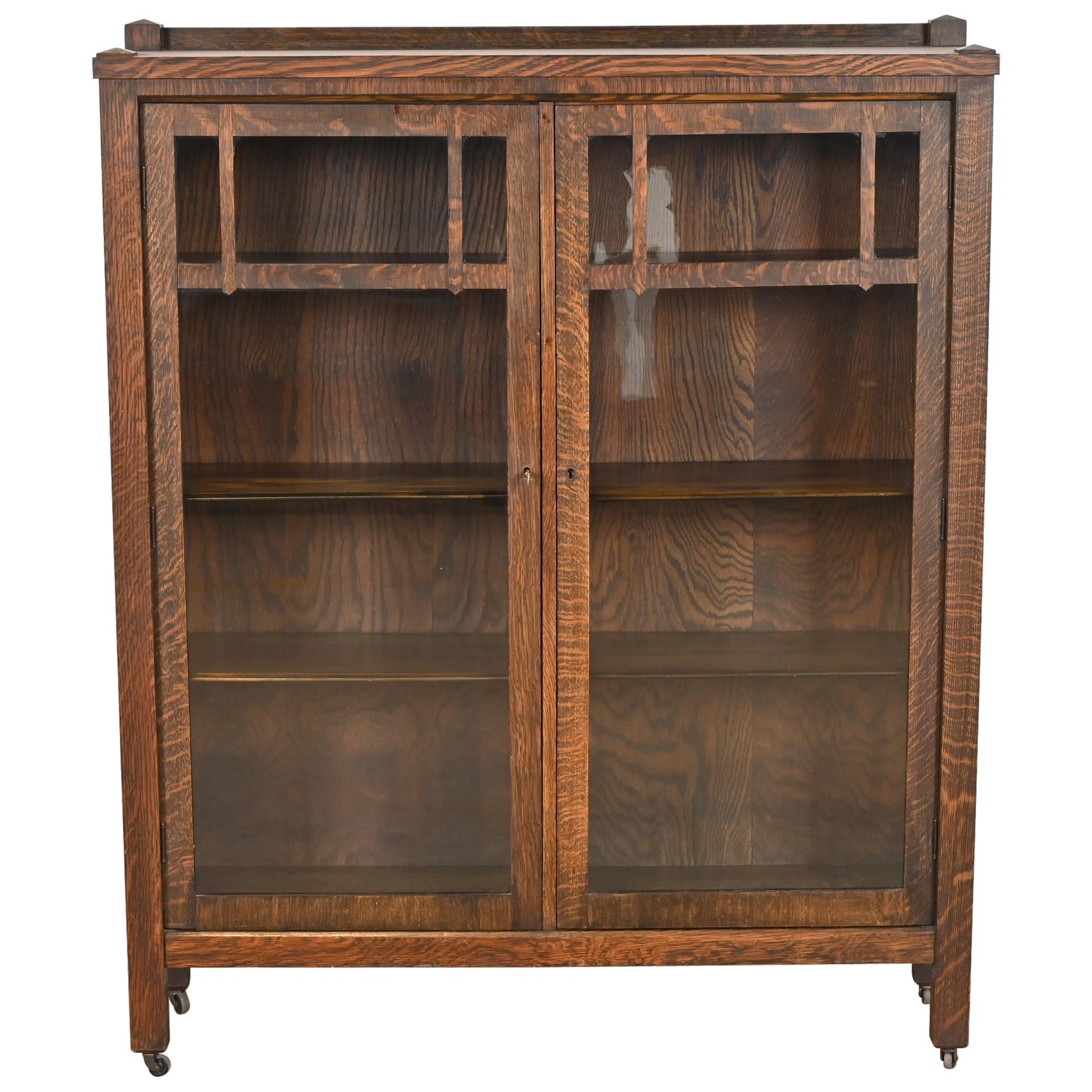 Antique Stickley Style Mission Oak Arts and Crafts Double Bookcase, Circa 1900
