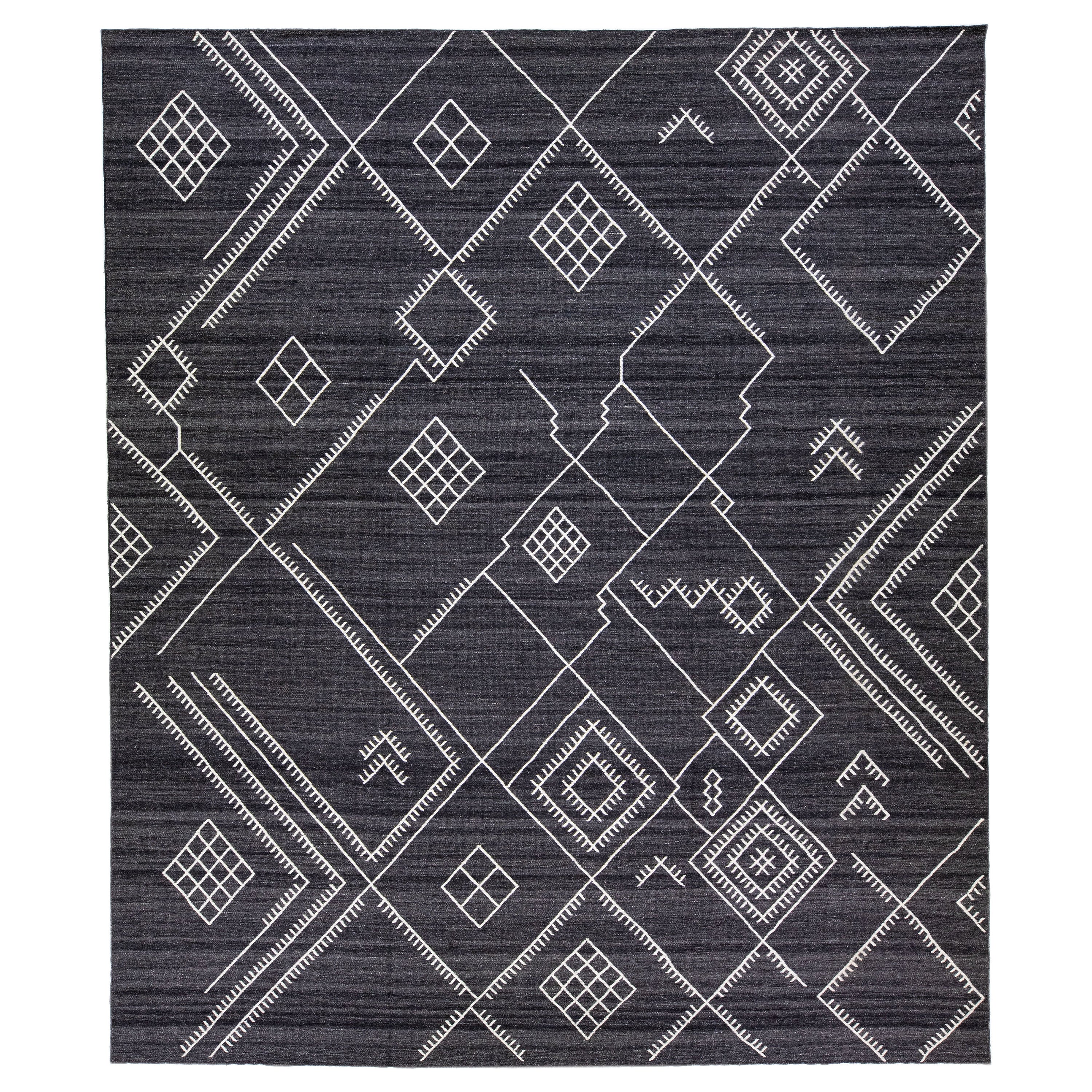 Oversize Modern Kilim Flatweave Wool Rug With Dark Gray Field By Apadana For Sale