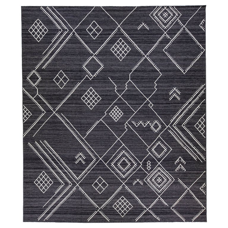 Oversize Modern Kilim Flatweave Wool Rug With Dark Gray Field By