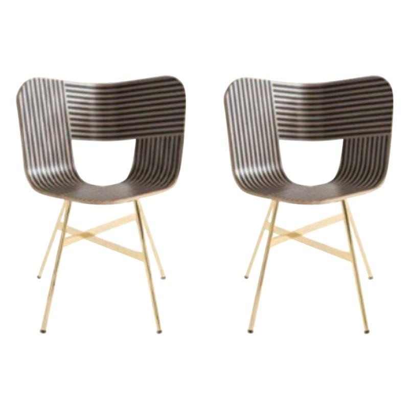Set of 2, Tria Gold 4 Legs Chair, Striped Seat Ivory and Black by Colé Italia For Sale
