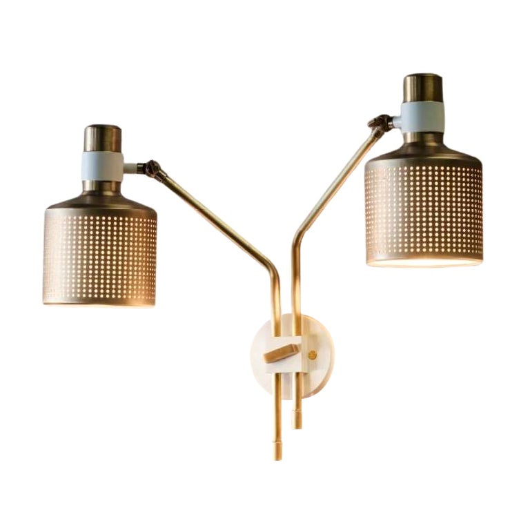 Brass and White Riddle Wall Lamp Double by Bert Frank For Sale